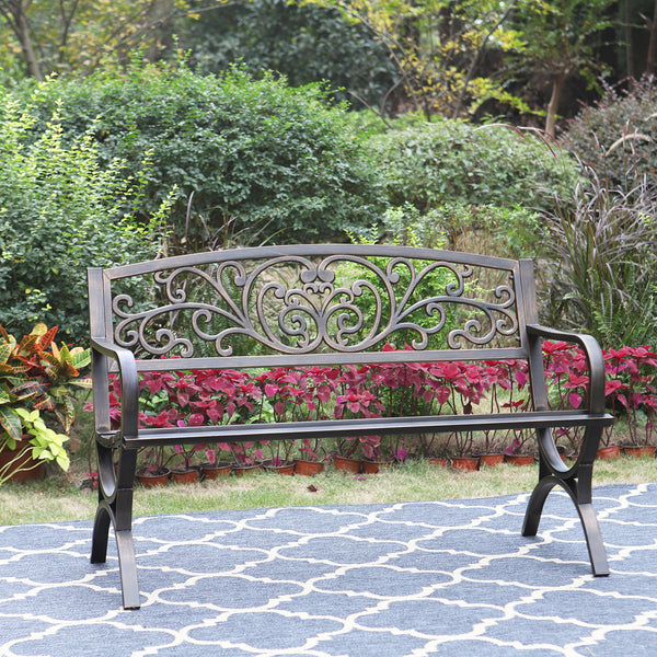PHI VILLA 50 Inch Garden Outdoor Bench Cast Iron Steel Frame Apple Blossom Pattern