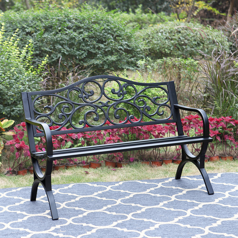 PHI VILLA 50 Inch Garden Patio Bench Cast Iron Steel Frame with Phalaenopsis Pattern