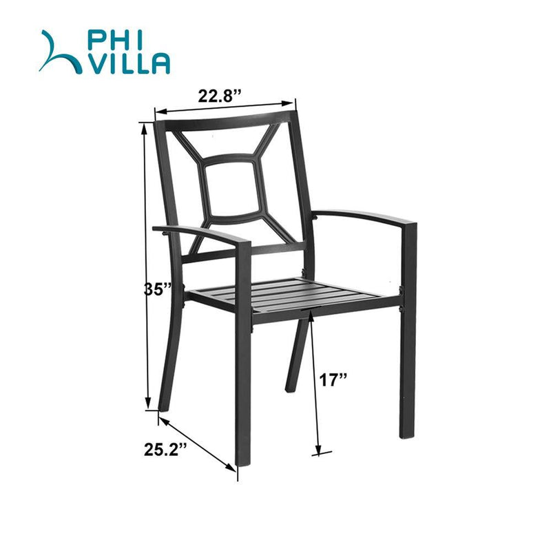 PHI VILLA 5-Piece Outdoor Dining Set 4 Patterned Stackable Chairs and Steel Slat Round Table