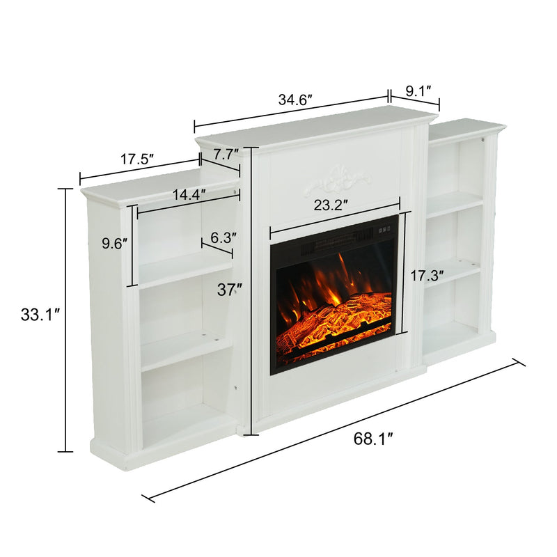 Phi Villa 70'' White Fireplace TV Stand & 23'' Plug-in Fireplace with Storage Shelves