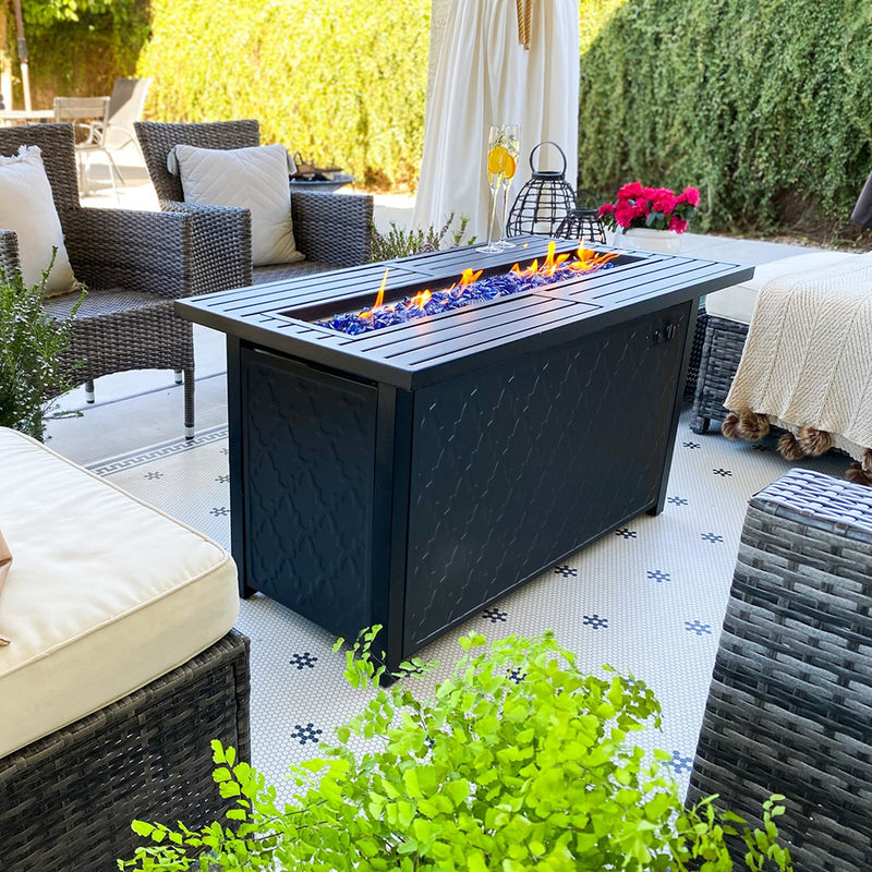 PHI VILLA 50,000 BTU Outdoor Rectangle Metal Gas Fire Pit Table With Lid & Blue Fire Glass