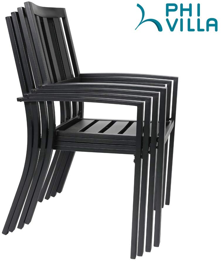 PHI VILLA Outdoor Patio Steel Frame Dining Arm Fixed Chairs