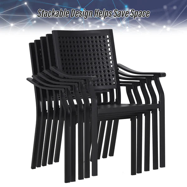 PHI VILLA 8-Piece Outdoor Dining Set with 13ft Umbrella & Steel Rectangle Table & Bullseye Pattern Fixed Steel Chairs