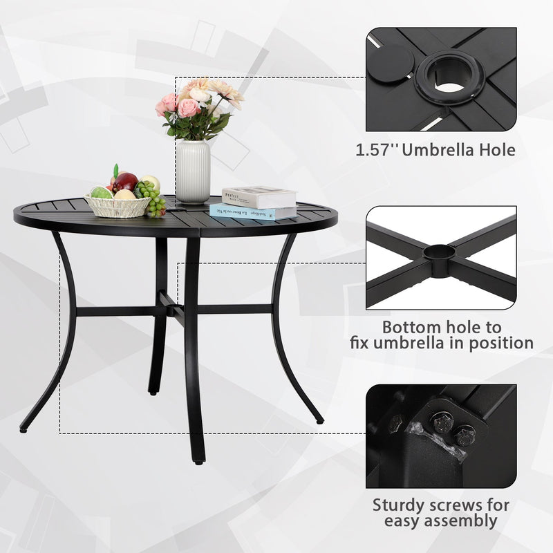 PHI VILLA 5-Piece Outdoor Dining Set 4 Patterned Stackable Chairs and Steel Slat Round Table