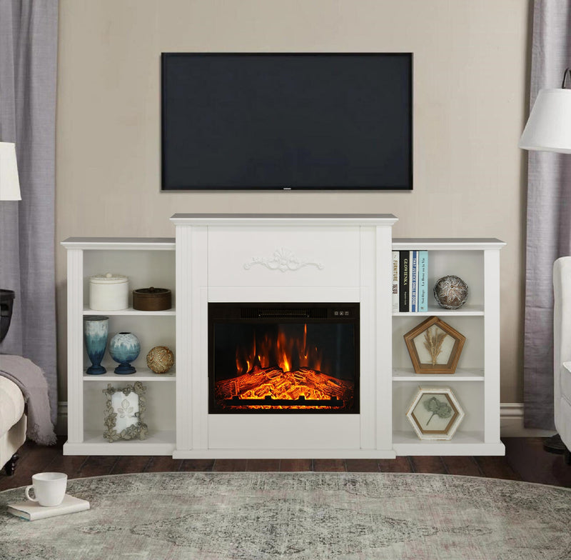 Phi Villa 70'' White Fireplace TV Stand & 23'' Plug-in Fireplace with Storage Shelves