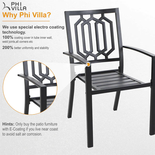 PHI VILLA 8-Piece Patio Dining Set with 13ft Umbrella & Metal Steel Table & Fixed Steckable Chairs