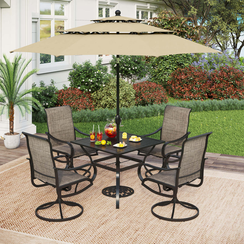 PHI VILLA 6-Piece Outdoor Dining Set with 10ft Umbrella Steel Square Table & Padded Swivel Textilene Chairs