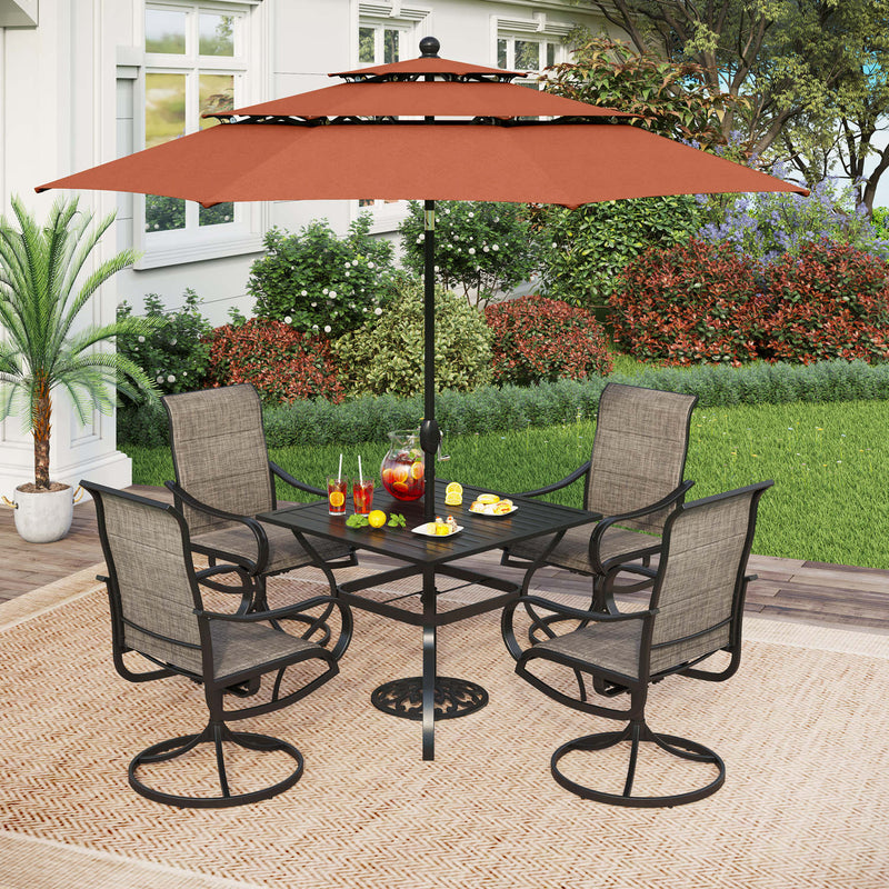 PHI VILLA 6-Piece Outdoor Dining Set with 10ft Umbrella Steel Square Table & Padded Swivel Textilene Chairs