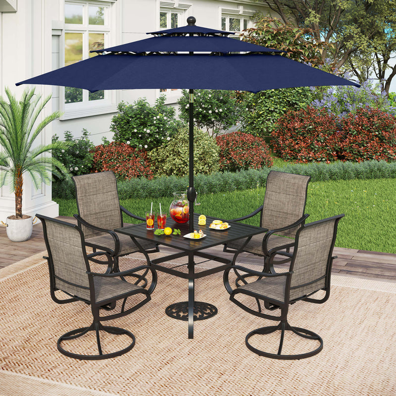 PHI VILLA 6-Piece Outdoor Dining Set with 10ft Umbrella Steel Square Table & Padded Swivel Textilene Chairs