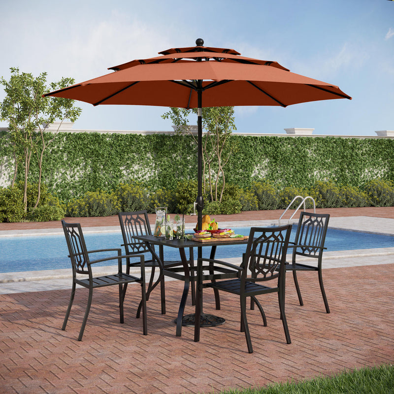 PHI VILLA 6-Piece Outdoor Dining Set with 10ft Umbrella Steel Square Table & Steel Fixed Chairs
