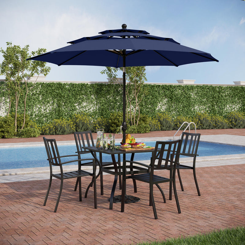 PHI VILLA 6-Piece Outdoor Dining Set with 10ft Umbrella Steel Square Table & Steel Fixed Chairs