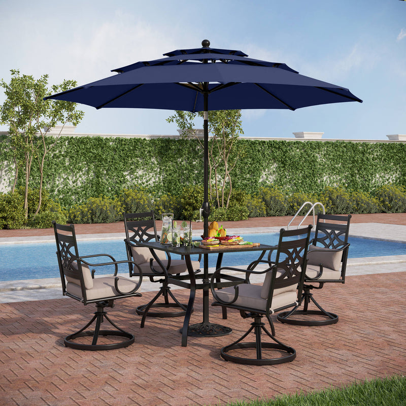 PHI VILLA 6-Piece Outdoor Dining Set with 10ft Umbrella Steel Square Table & Swivel Steel Chairs