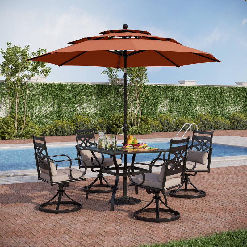 PHI VILLA 6-Piece Outdoor Dining Set with 10ft Umbrella Steel Square Table & Swivel Steel Chairs