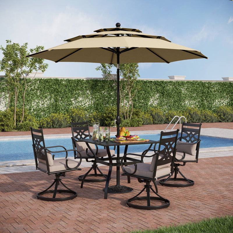 PHI VILLA 6-Piece Outdoor Dining Set with 10ft Umbrella Steel Square Table & Swivel Steel Chairs