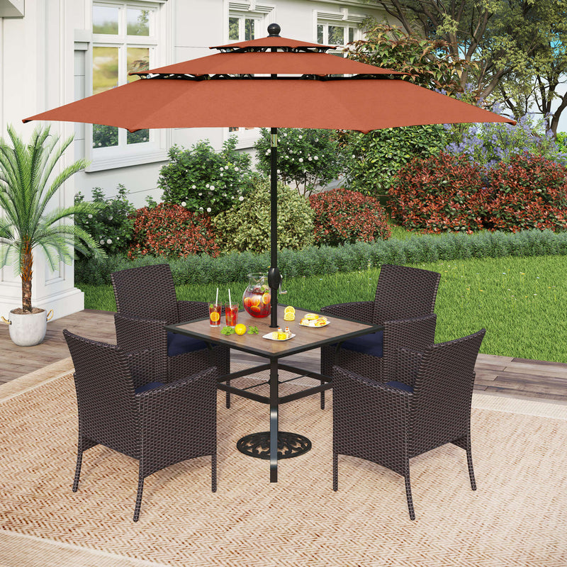 PHI VILLA 6-Piece Outdoor Dining Set with 10ft Umbrella Wood-Look Square Table & Cushioned Rattan Chairs