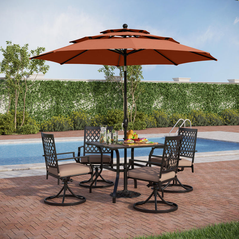 PHI VILLA 6-Piece Outdoor Dining Set with 10ft Umbrella Wood-Look Square Table & Swivel Metal Steel Chairs