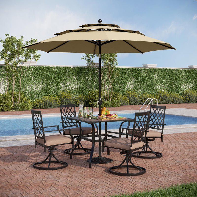 PHI VILLA 6-Piece Outdoor Dining Set with 10ft Umbrella Wood-Look Square Table & Swivel Metal Steel Chairs