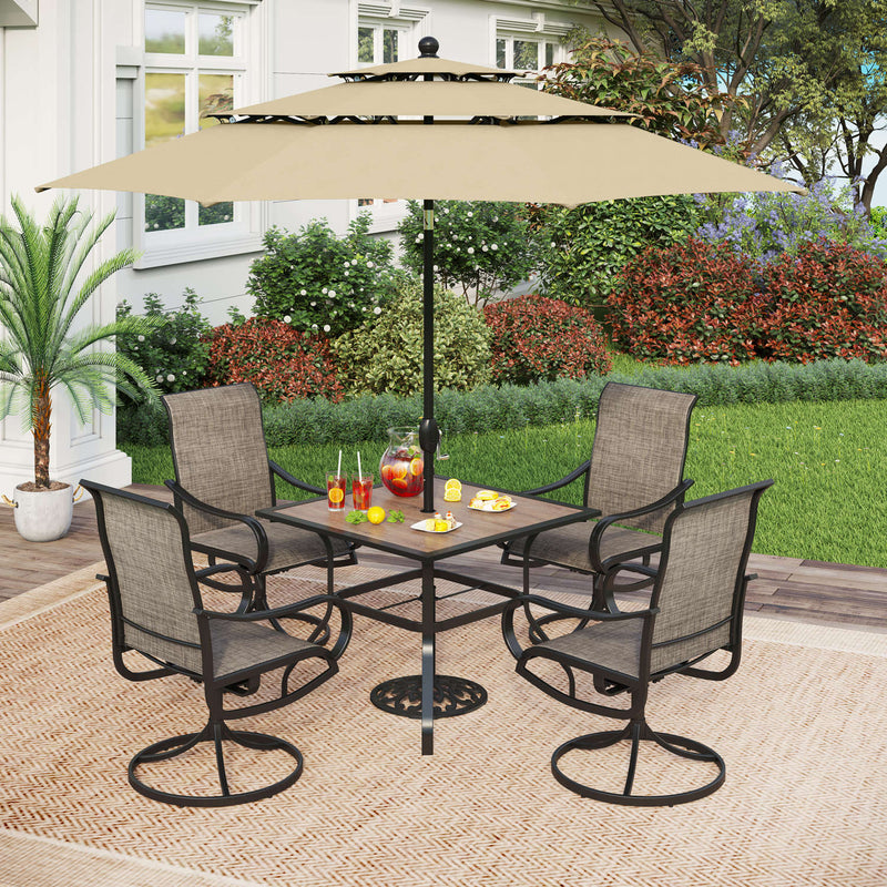 PHI VILLA 6-Piece Patio Dining Set with 10ft Umbrella Square Table & Textilene Swivel Chairs