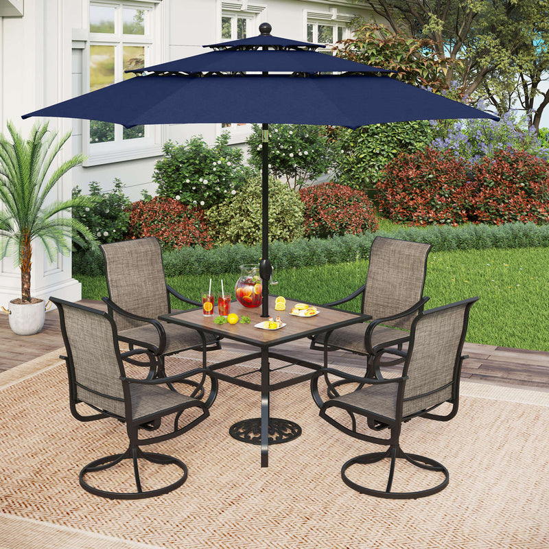 PHI VILLA 6-Piece Patio Dining Set with 10ft Umbrella Square Table & Textilene Swivel Chairs
