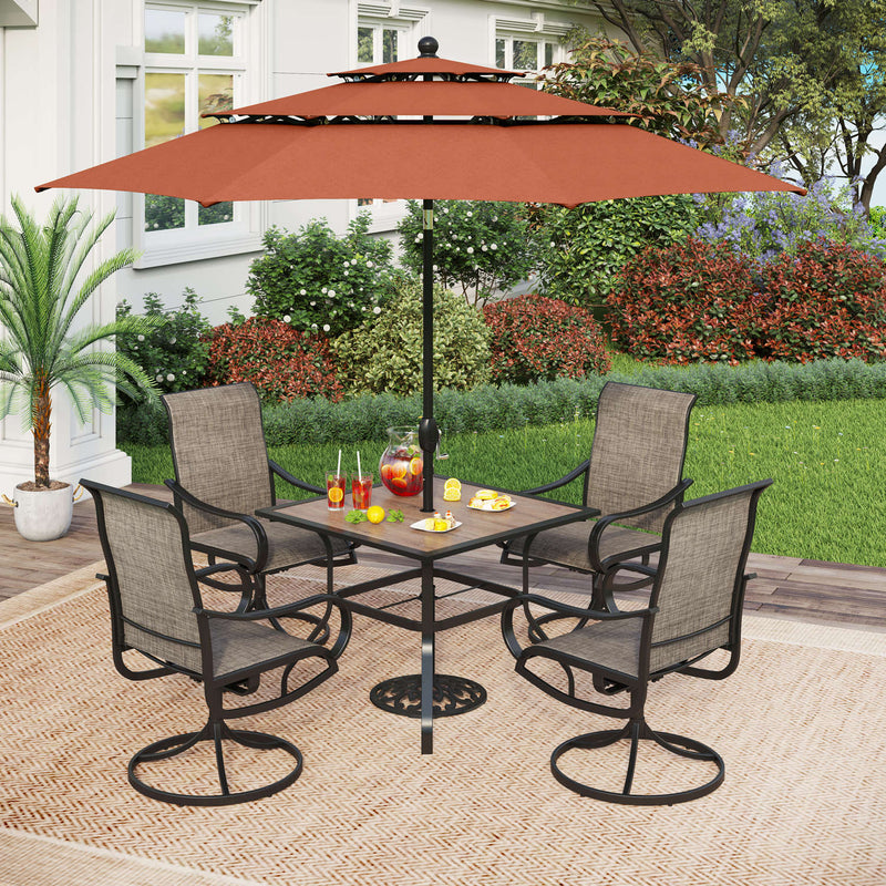 PHI VILLA 6-Piece Patio Dining Set with 10ft Umbrella Square Table & Textilene Swivel Chairs