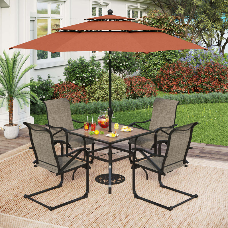 PHI VILLA 6-Piece Patio Dining Set with 10ft Umbrella Wood-Look Square Table & C-Spring Textilene Chairs