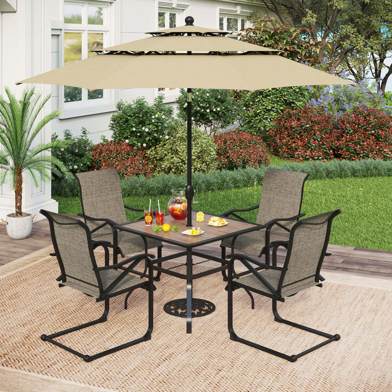 PHI VILLA 6-Piece Patio Dining Set with 10ft Umbrella Wood-Look Square Table & C-Spring Textilene Chairs