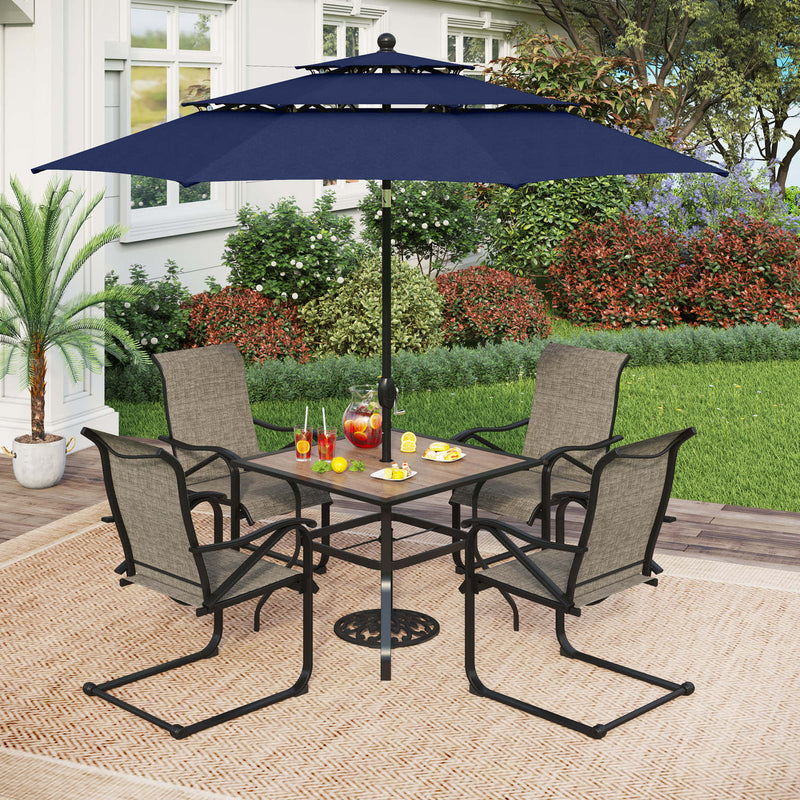 PHI VILLA 6-Piece Patio Dining Set with 10ft Umbrella Wood-Look Square Table & C-Spring Textilene Chairs