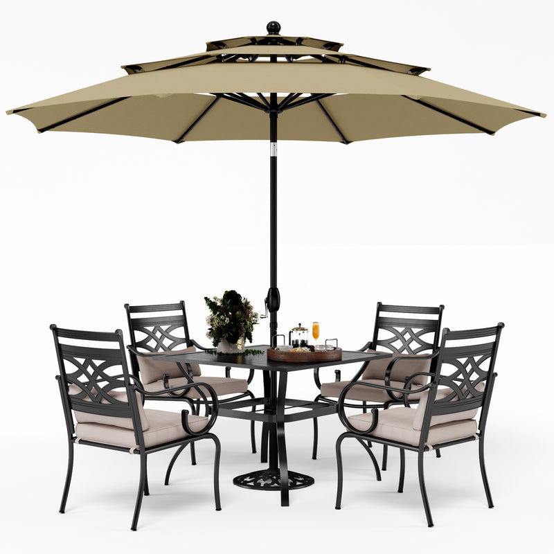 PHI VILLA 6-Piece Patio Dining Set with 10ft Umbrella & Steel Square Table & Fixed Steel Chairs