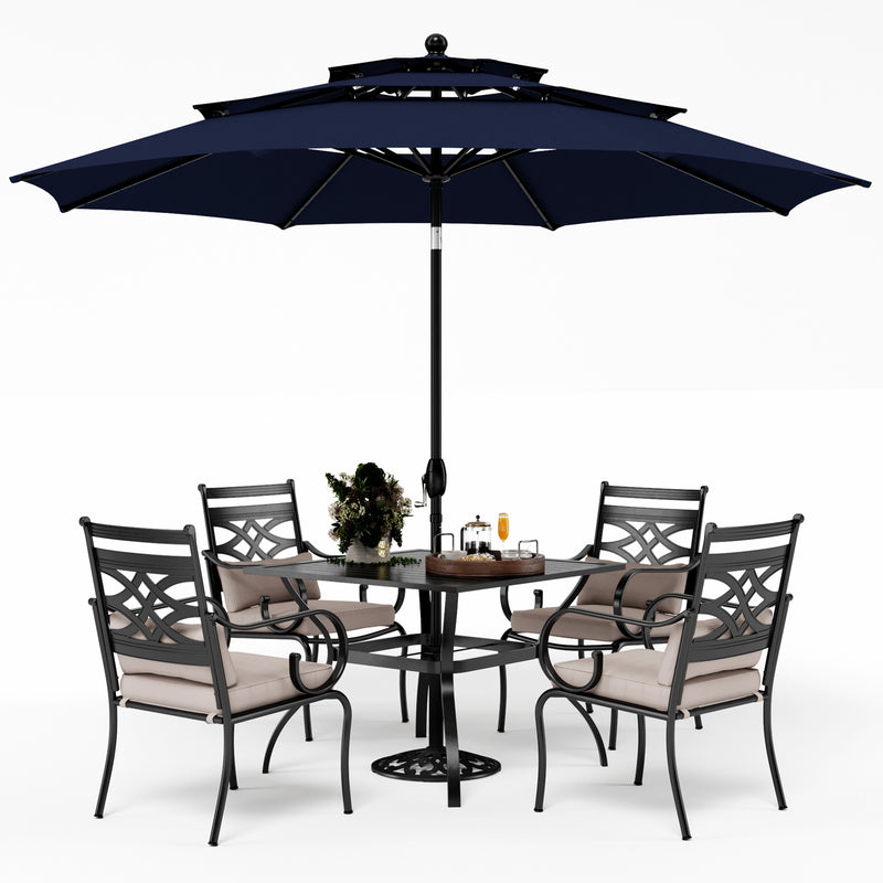 PHI VILLA 6-Piece Patio Dining Set with 10ft Umbrella & Steel Square Table & Fixed Steel Chairs