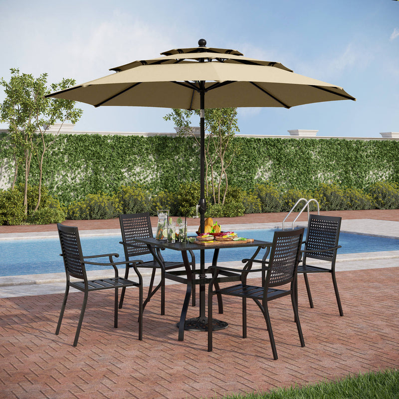 PHI VILLA 6-Piece Patio Dining Set with Umbrella Steel Square Table & Bullseye Pattern Fixed Steel Chairs