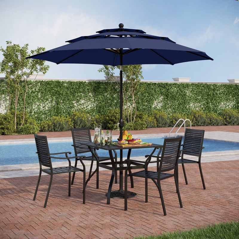 PHI VILLA 6-Piece Patio Dining Set with Umbrella Steel Square Table & Bullseye Pattern Fixed Steel Chairs