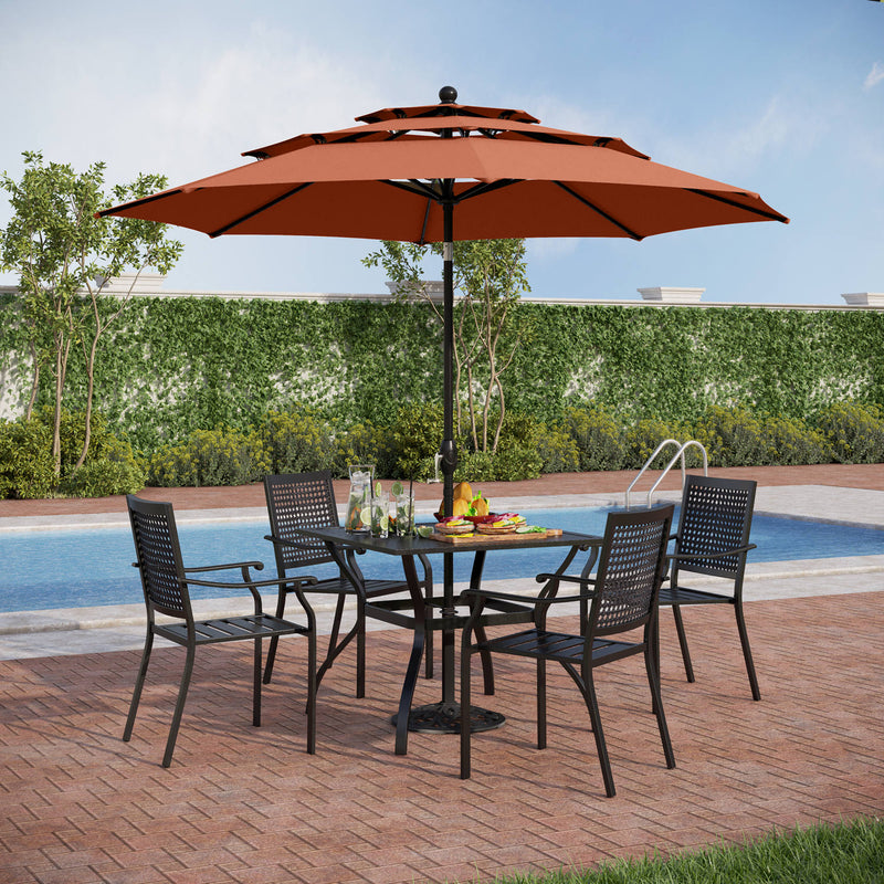 PHI VILLA 6-Piece Patio Dining Set with Umbrella Steel Square Table & Bullseye Pattern Fixed Steel Chairs