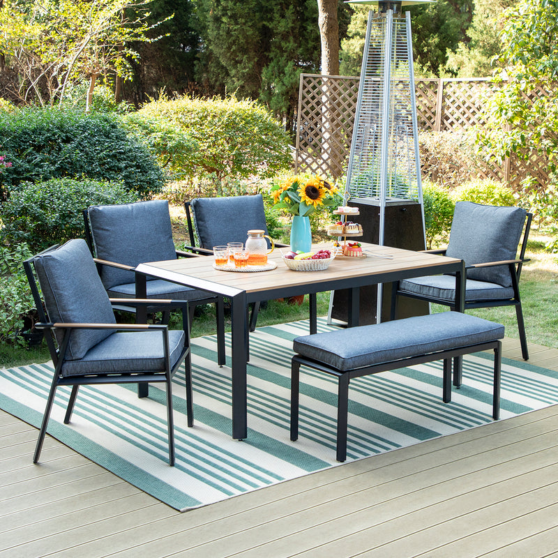 PHI VILLA 6 Piece Patio Dining Set With Aluminum Cushioned Chairs /Bench & Rectangle Table