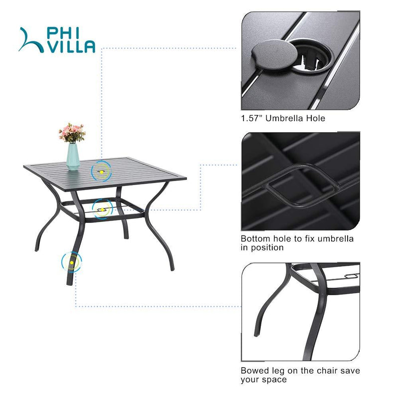 PHI VILLA 5-Piece Outdoor Dining Set with Square Steel Table & 5 Rattan Cushioned Dining Chairs
