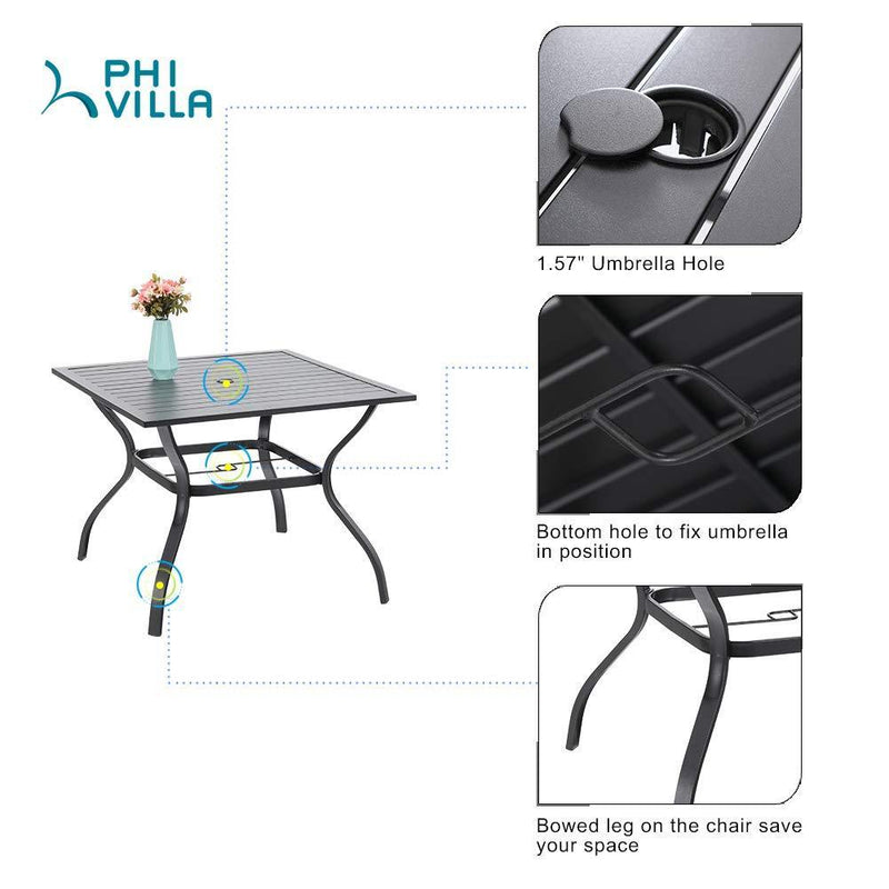 PHI VILLA 5-Piece Patio Dining Set With Steel Table & 4 Padded Textilene Chairs