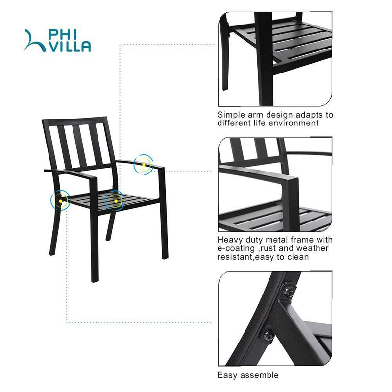 PHI VILLA 7-Piece Outdoor Patio Dining Set with Wood-look Table and 6 Stackable Metal Steel Chairs