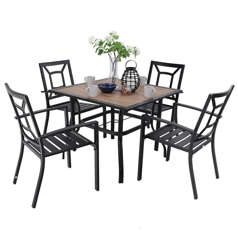 PHI VILLA 5-Piece Metal Patio Dining Set Wood-look Table and 4 Pattern Stackable Chairs