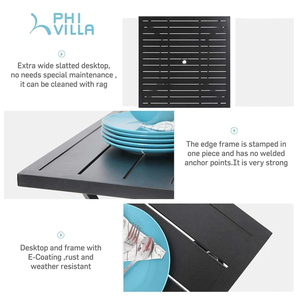 PHI VILLA 6-Piece Patio Dining Set with 10ft Umbrella & Steel Square Table & Bullseye Pattern Fixed Steel Chairs