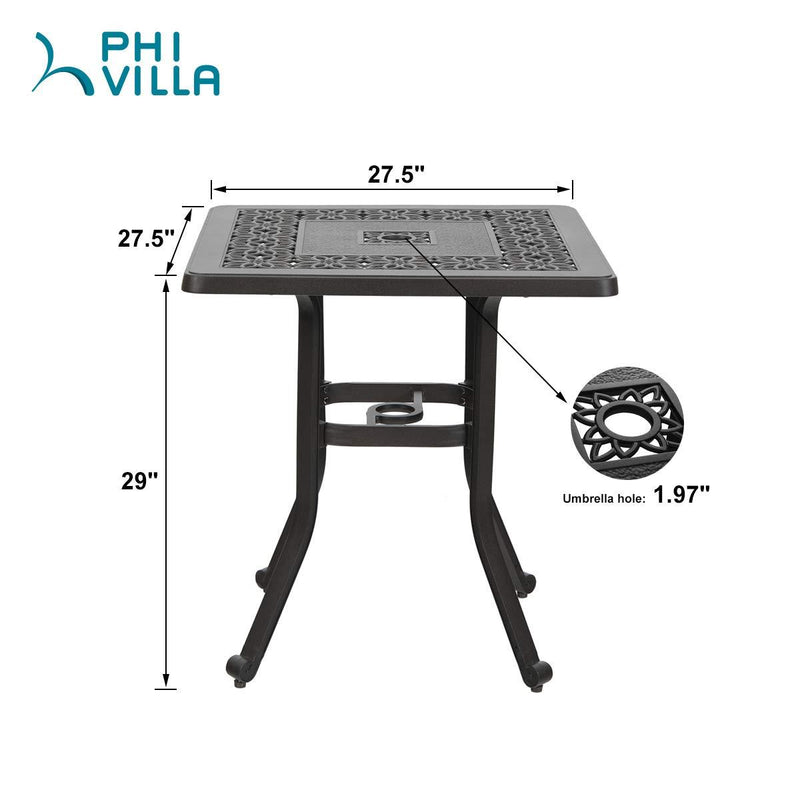 PHI VILLA Cast Aluminum Patio Square Dining Table with Umbrella Hole