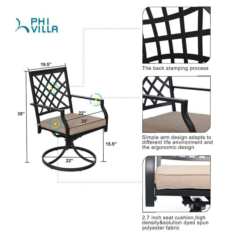 PHI VILLA 7-Piece Outdoor Patio Dining Set With Steel Panel Table and 6 Swivel Chairs