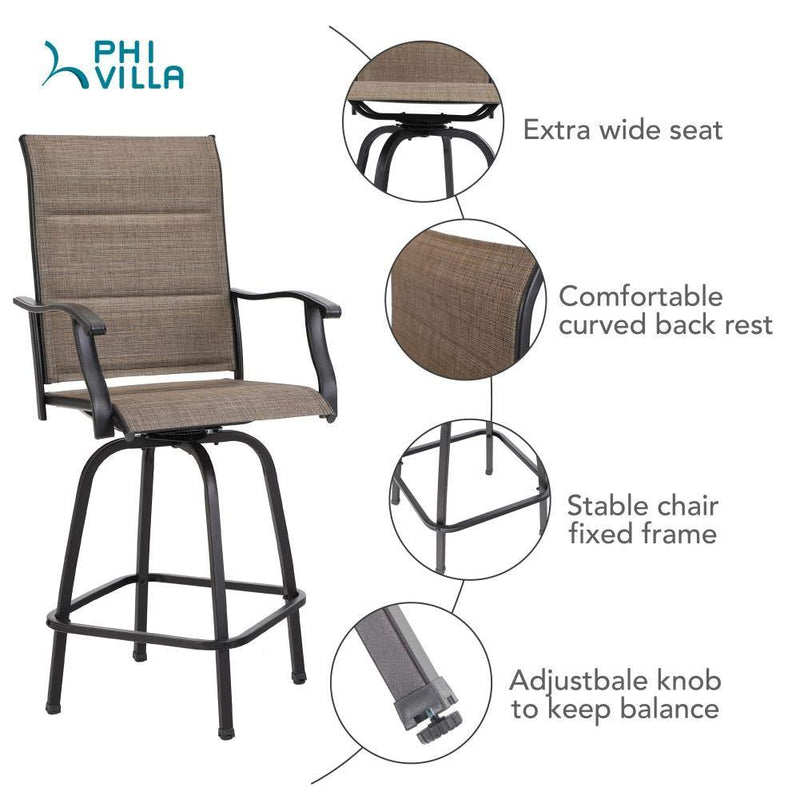 PHI VILLA 5 Piece Outdoor Bar Stool Set with Rectangle Table & Textilene Swivel Bar Stools