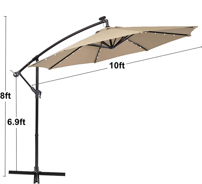 PHI VILLA 10ft Offset Hanging 32 PCS LED Lights Solar Patio Umbrella