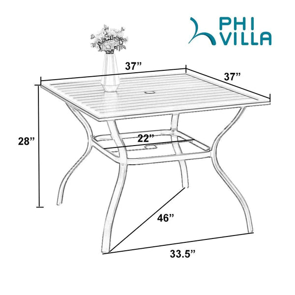 PHI VILLA 6-Piece Patio Dining Set with 10ft Umbrella & Steel Square Table & Fixed Steel Chairs