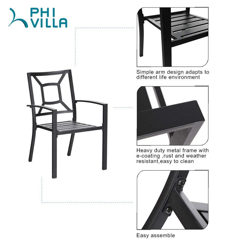 PHI VILLA 5-Piece Metal Patio Dining Set Wood-look Table and 4 Pattern Stackable Chairs