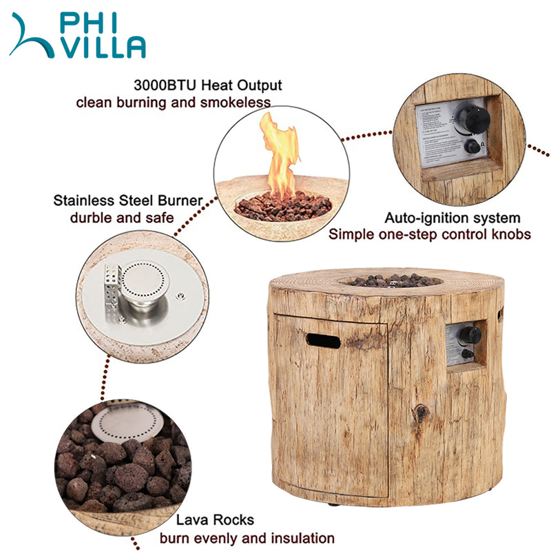 PHI VILLA 29 Inch 30,000 BTU Outdoor Terrafab Round Gas Fire Pit With Lava Rocks & PVC Rain Cover