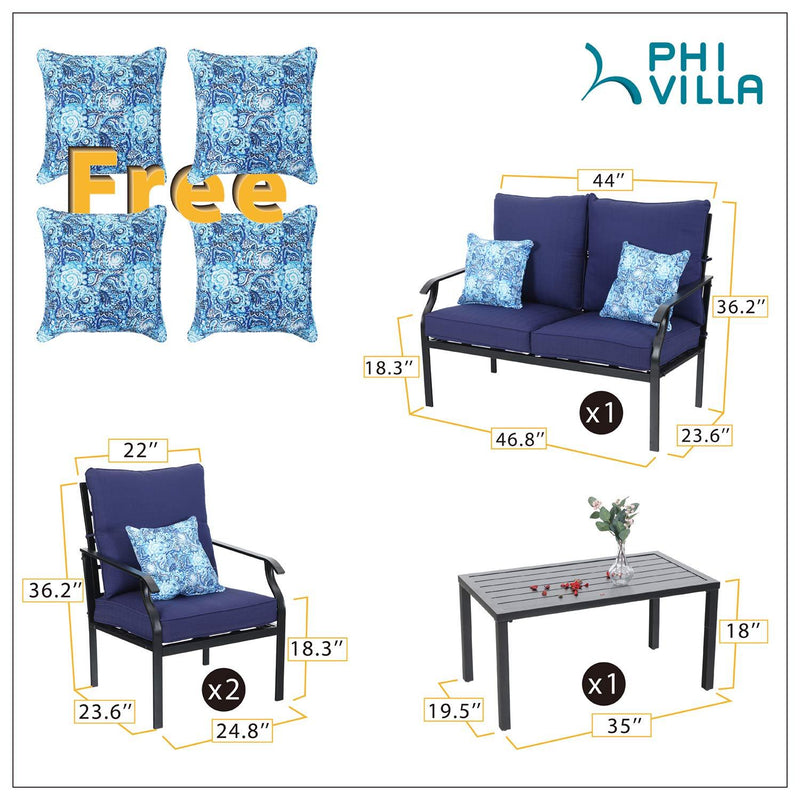 PHI VILLA 4-Piecce Patio Metal Conversation Set With Cushions
