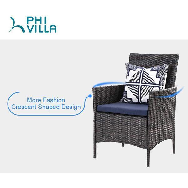 PHI VILLA 6-Piece Outdoor Dining Set with 10ft Umbrella & Wood-Look Square Table & Cushioned Rattan Chairs