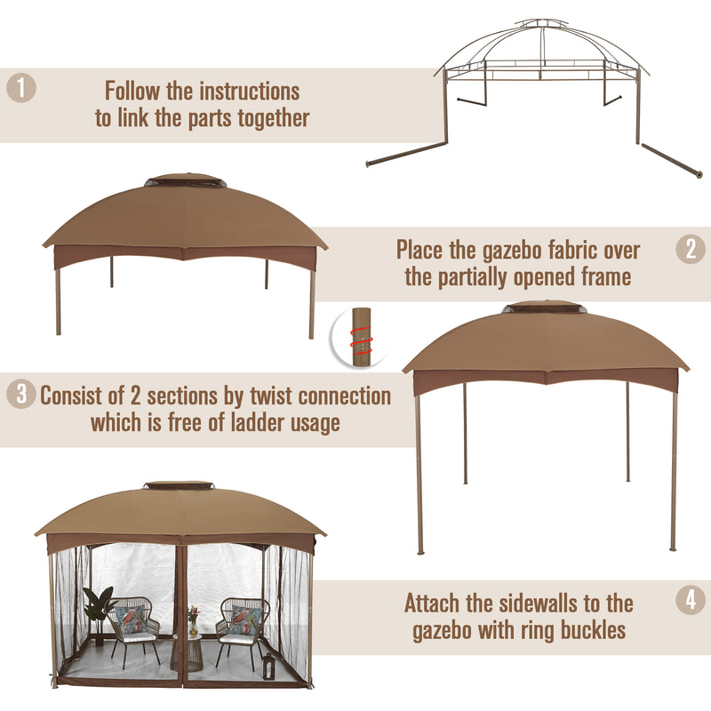 PHI VILLA Patio Double Vent Gazebo Outdoor Canopy With Privacy Netting