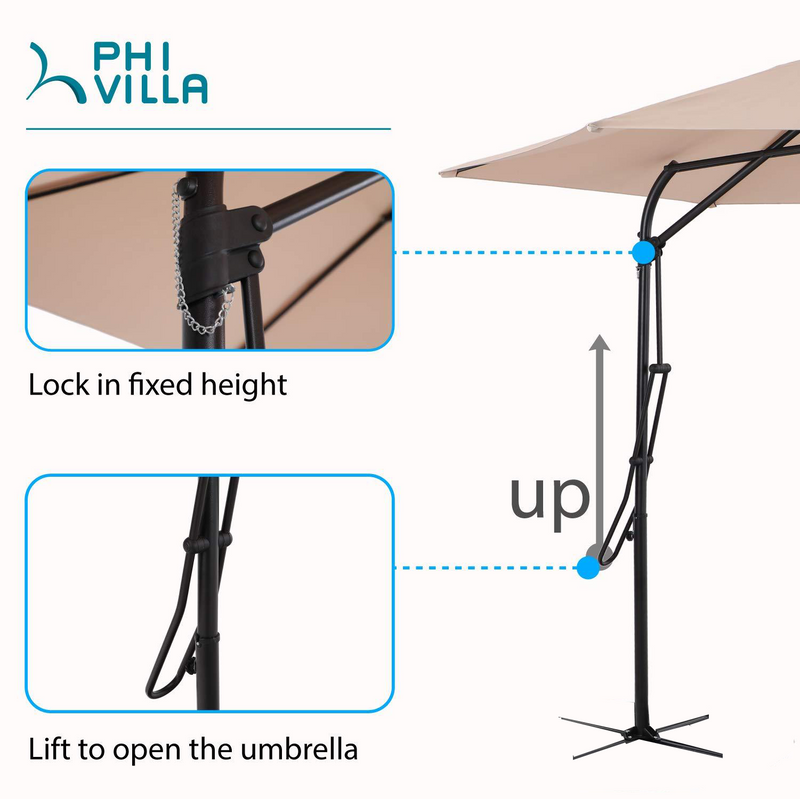 PHI VILLA 10ft Push Open Hanging Offset Patio Umbrella with 6 Steel Ribs, Beige