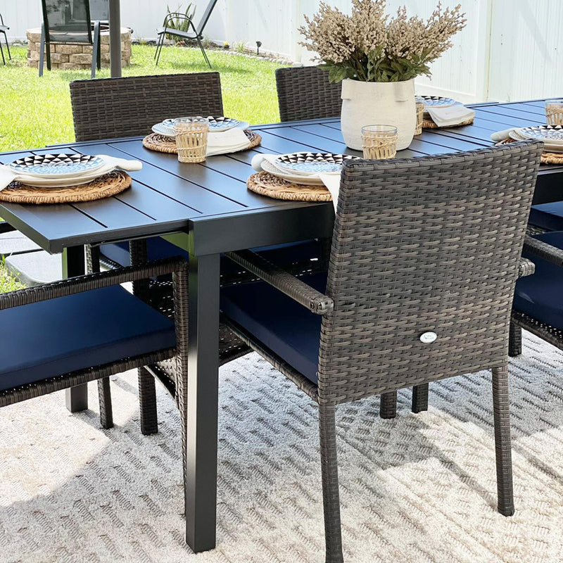 PHI VILLA 7 piece/ 9 piece Patio Dining Set With Rattan Cushioned Chairs & Extendable Steel Table